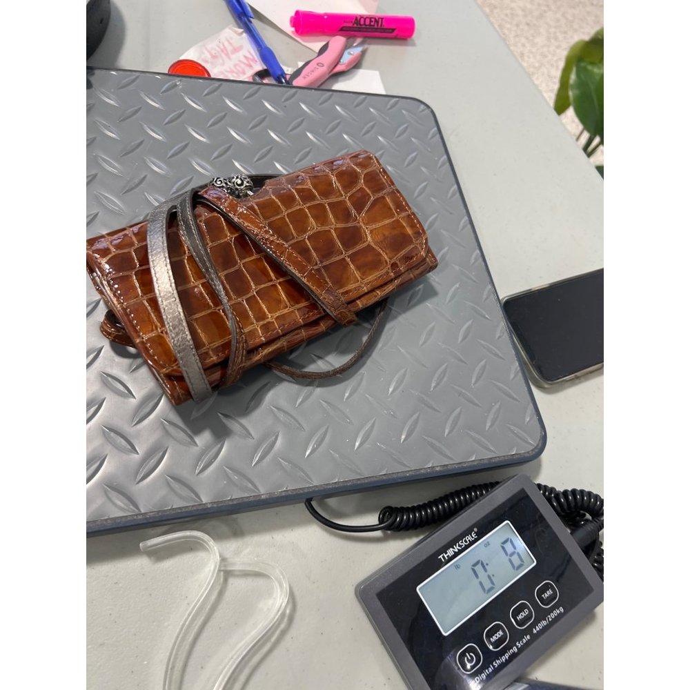 Brighton Vintage Croc Purse Shoulder Bag Brown Snap Flap Front Wallet Crossbody - Picture 7 of 8